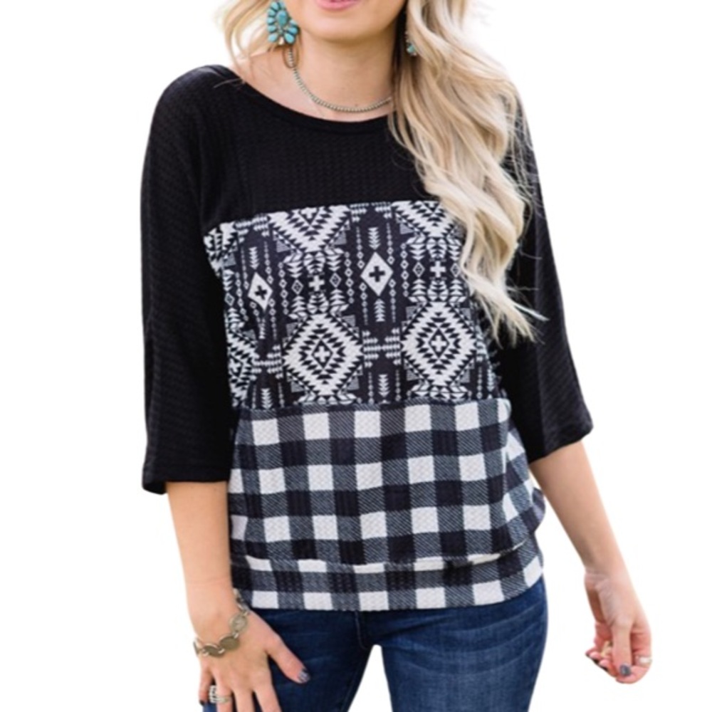 Crazy Train Aztec And Check Pattern Top - image 1